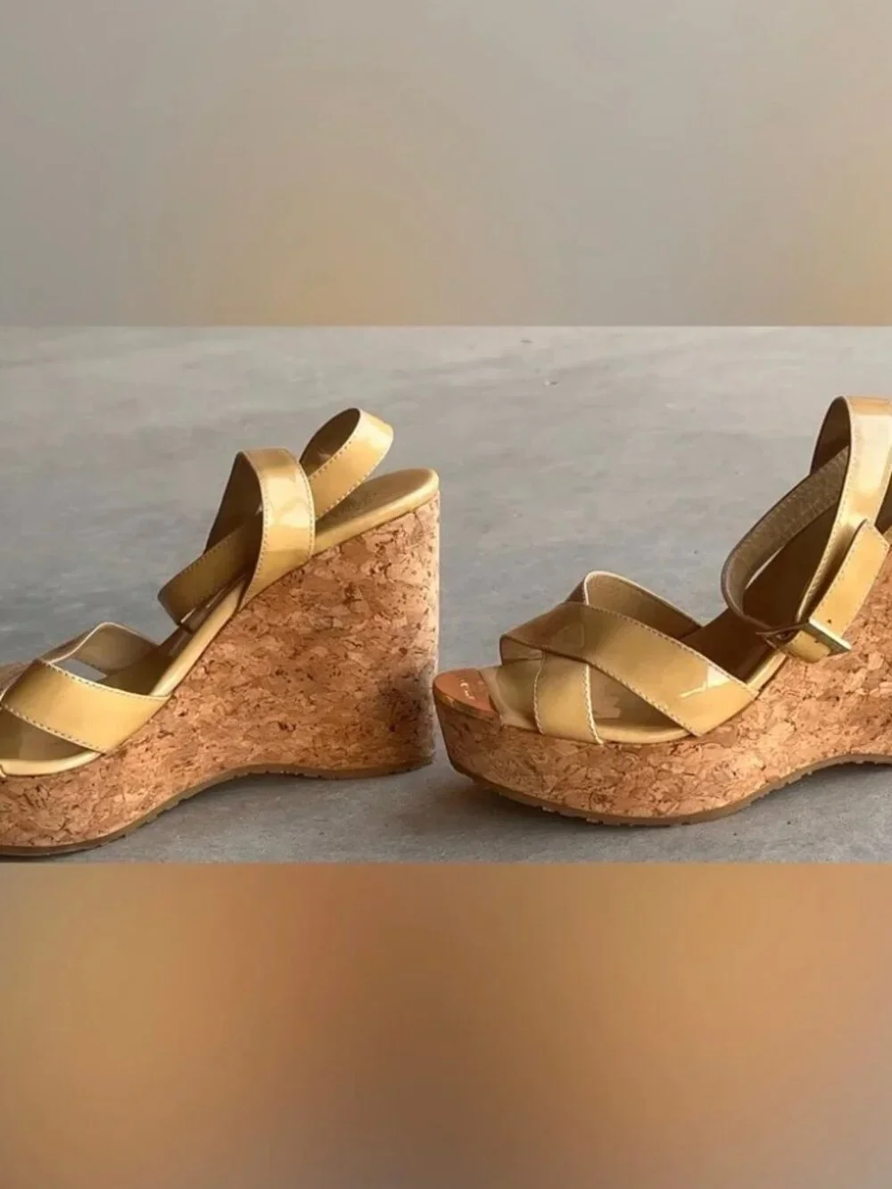 Jimmy Choo Papyrus Cork Platform Wedge Sandals Nude Patent Leather EU 41, US 11